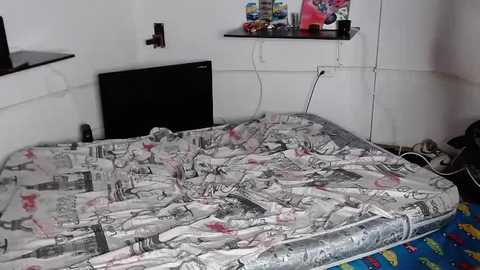 Media: Video of a cluttered bedroom with a bed covered in newspaper print sheets, a black TV, and a messy shelf with toys and books.