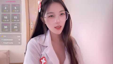 Media: Video of an Asian woman in a white nurse outfit, with long black hair and glasses, standing indoors near a calendar and door.