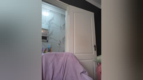 Media: Video of a bathroom doorway with a white door, a lavender towel hanging, a white marble countertop, and colorful toiletries on the sink.