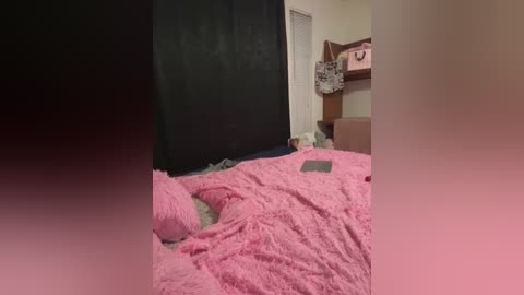 Media: Video of a pink, fluffy bedspread covering a messy, beige room with a black curtain, a pink backpack, and a gray couch.