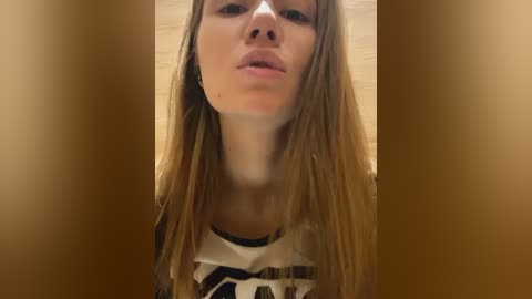 Media: A video of a young woman with straight, long, light brown hair, fair skin, and slightly parted lips, wearing a black and white graphic tee, taken indoors with a blurred, brown background.