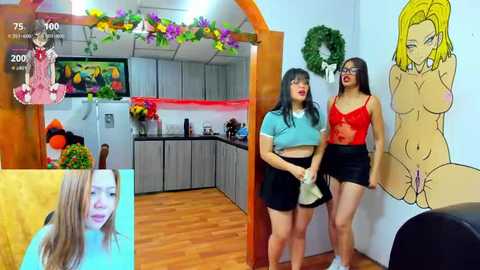 Media: A video featuring two Asian women in a kitchen, one in a blue crop top, the other in a red lace top and black skirt, both holding green apples. A cartoon mural of a blonde woman in a red dress is on the right.