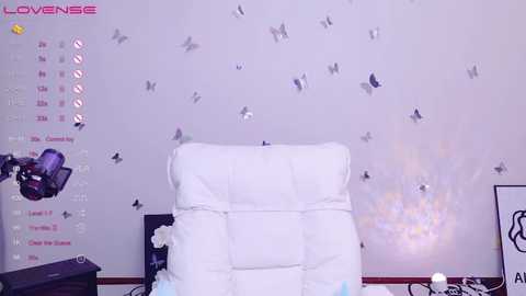 Media: Video of a bedroom with a white chair, butterflies on the wall, calendar, and scattered items on the floor.