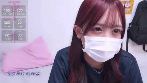 Media: Video of a young Asian woman with long, straight, auburn hair, wearing a white face mask, black top, and pink disposable hair cover, against a white background.