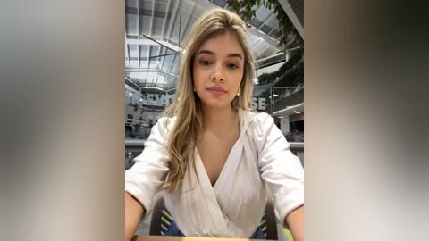 Media: Video of a young woman with long, wavy blonde hair, wearing a white, loose-fitting blouse, standing in a modern, indoor sports arena with a glass ceiling.