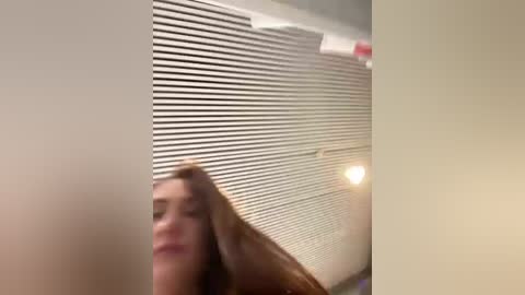 Media: Video of a woman with long brown hair, partially blurred, in a room with beige walls and horizontal blinds. A soft light source is visible in the background.