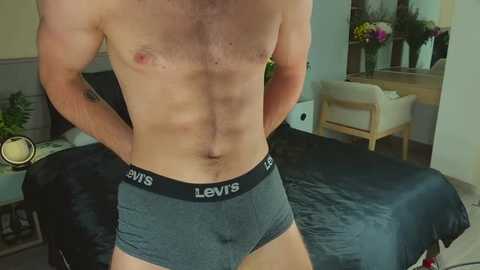 Media: Video of a muscular, shirtless man with light skin and a hairy chest, wearing grey Levi's boxer briefs, standing in a modern bedroom with a bed, potted plants, and a chair.