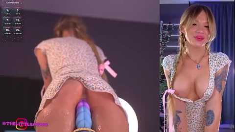 Media: A side-by-side video of an Asian woman with long, blonde hair in a dress, showing her buttocks and breasts.