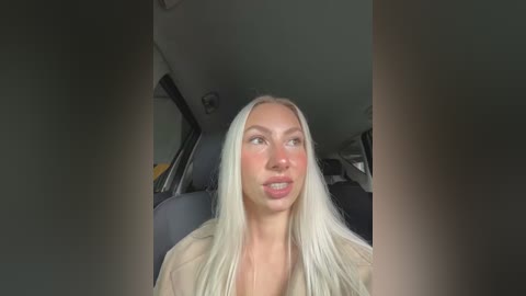 Media: Video of a blonde woman with long hair, wearing a beige top, sitting in a car with a neutral expression.