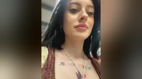 Media: Video of a fair-skinned woman with long black hair, wearing a maroon sweater with a visible tattoo on her chest. She has a neutral expression and is indoors with a blurred background.