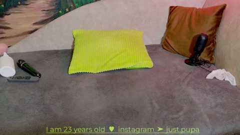 Media: Video of a messy bed with a bright yellow pillow, brown pillow, remote control, black vibrator, and white tissues, set against a beige wall. Text at the bottom reads, \"Umm 25 years old insta just pupa.\