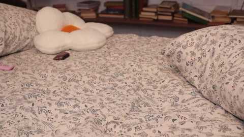 Media: Video of a cozy bedroom with a beige, floral-patterned bedspread. A plush white flower pillow with an orange center is placed on the left side of the bed. Books and a pink object are visible in the background.