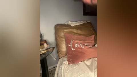 Media: Video of a person's torso leaning against a beige couch, covered in a white blanket, with a pink pillow reading \"Love\" in white script. A small, dark wooden side table with a lamp and a bookshelf in the background.