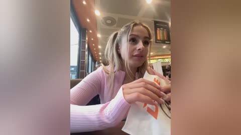 Media: Video of a young blonde woman with pigtails, wearing a pink long-sleeve top, holding an orange Starbucks cup, inside a brightly lit caf\u00e9 with warm lighting, visible through a window.