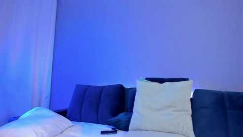 Media: Video of a modern bedroom with a dark blue sofa featuring a single white pillow and a white blanket, bathed in a soft blue light.