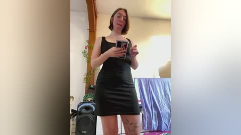 Media: A video of a woman with shoulder-length brown hair, wearing a black sleeveless dress, taking a mirror selfie in a bedroom. The background shows a bed with blue sheets and a potted plant.