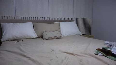 Media: Video of a tidy, beige-tiled bedroom with a single bed made with white linens, a white pillow, and a beige pillow with a decorative edge. A folded green and white cloth lies on the bed's right side.