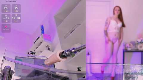 Media: Video of a white woman in lingerie standing near a glass shower door, with a blurred background of a modern bathroom.