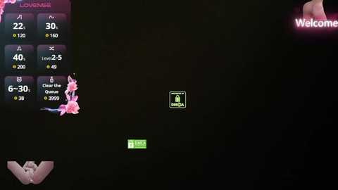 Media: A digital screenshot of a video game interface with a dark background. The left side features a character's stats, including \"22,\" \"30,\" and \"40.\" On the right, a pink flower graphic and the \"Welcome\" text appear.