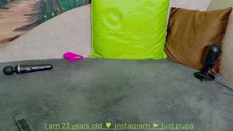 Media: Video of a dark grey massage table with a green pillow, a pink dildo, a black vibrator, and a brown cushion, all against a wall adorned with a colorful mural.