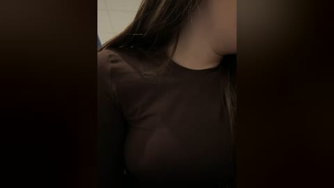 Media: Video of a woman's side profile, showcasing long brown hair and a black sheer top that reveals her breasts, partially obscured by shadows. Background is dark and blurred.