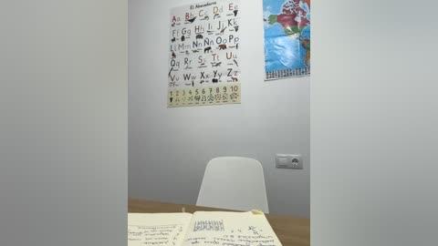 Media: A video of a small, minimalist classroom with white walls, a white chair, and an alphabet poster with colorful illustrations. A wooden table holds an open book and a pen.