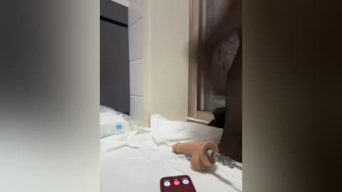 Media: Video of a hospital room with a white bed, beige walls, and a window reflecting a person's shadow. A hand holds a red remote control on the bed.