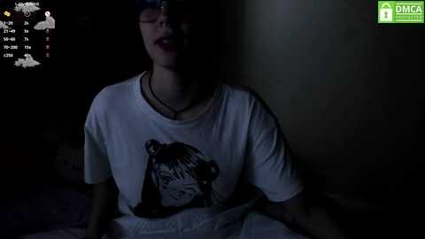 Media: Video of a young woman with glasses, wearing a white T-shirt with a cartoon character, sitting in a dimly lit room, with a webcam overlay showing her on a video call.