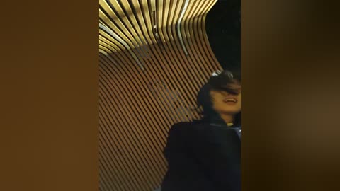 Media: Video of a person with shoulder-length dark hair, wearing a black coat, partially obscured by a large, curving, golden-colored, ribbed wall panel. The background is dimly lit, creating a moody, artistic atmosphere.