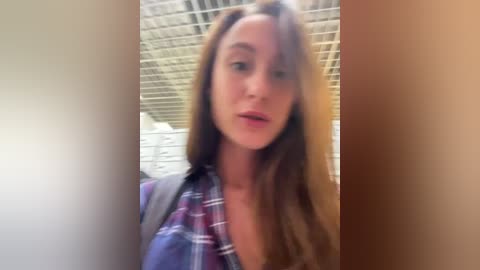 Media: Video of a Caucasian woman with long, light brown hair, wearing a plaid shirt, captured from a slightly blurred, indoor perspective with a grid ceiling.