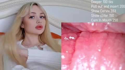 Media: Video of a young blonde woman with fair skin, wearing a white tank top, lying on a bed. Close-up of her pink, moist oral cavity.