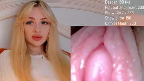 Media: Video of a young blonde woman with fair skin, blue eyes, and long hair, wearing a white sweater, against a white background. Text overlay reads \"Deep Throats, Pull out and Insert, Show cervix 35, Show clit 150, Cam in Mouth 250.\