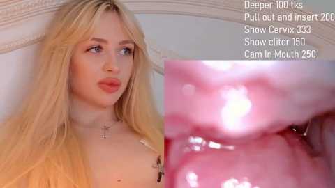 Media: A video featuring a young woman with long, blonde hair, wearing a cross necklace, looking contemplative. A close-up of pink vaginal tissue is shown in a separate inset.