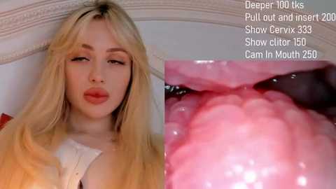 Media: A video juxtaposes a close-up of a young woman's blonde hair with a close-up of her tongue in a deep throat pose, highlighting the contrast between her face and the oral content.