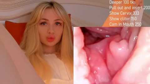 Media: Video of a blonde woman with straight hair, light skin, and pouty lips, lying on a bed. Text overlays describe deep throat techniques, including pulling out and inserting, and shows a close-up of a throat.