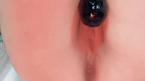 Media: A close-up video of a human anus, featuring a shiny, dark, circular object inserted. The image focuses on the surrounding pink, fleshy skin and the insertion point.