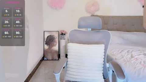 Media: Video of a minimalist bedroom with a grey upholstered chair, white pillow, light grey bed, pink pom-poms, framed portrait, and temperature display.