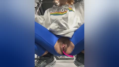 Media: Video of a young woman with fair skin, wearing a white hoodie with a rainbow graphic, blue leggings, and gray sneakers, squatting in a gym, exposing her shaved vagina with a pink vibrator.