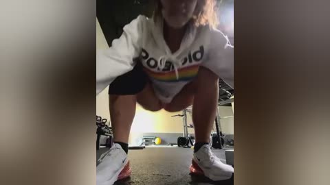 Media: Video of a woman squatting in a gym, wearing a white \"Polo\" hoodie, black shorts, and white sneakers. Background includes exercise equipment and a bright yellow wall.