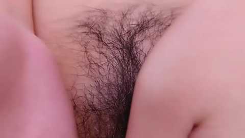 Media: Close-up video of a light-skinned person's vulva with natural, dark pubic hair, partially obscured by fingers. Background shows pale skin and soft lighting.