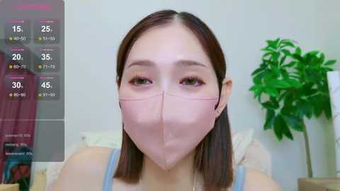 Media: Video of an Asian woman with straight brown hair, wearing a light blue tank top and a pink face mask, in a room with a green plant and a calendar displaying weather data.