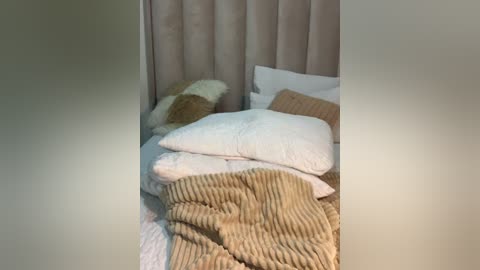 Media: A video of a messy, unmade bed with beige and white pillows, a beige knit blanket, and a fluffy white throw pillow. The headboard is upholstered in beige fabric.