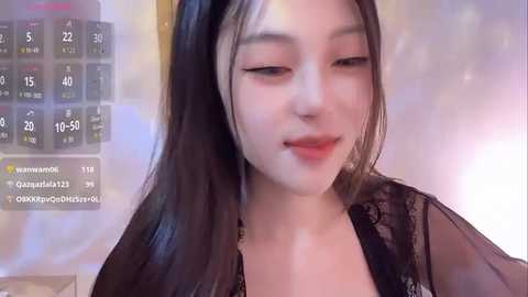 Media: Video of a young East Asian woman with long, straight black hair, fair skin, and light makeup. She wears a black lace top. Background features a calendar with dates and temperatures.