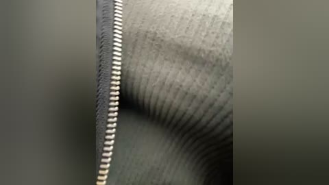 Media: Close-up video of a black zipper running vertically down the center of a grey, ribbed fabric, likely a jacket or sweater. The texture of the fabric is coarse, with visible stitching and a slightly wrinkled surface.