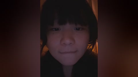 Media: Video of a young Asian boy with straight black hair and light skin, gazing intently into the camera. He wears a black jacket, set against a dim, warm-toned background.