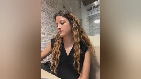 Media: Video of a young woman with long, wavy, caramel-colored hair, wearing a black top, seated at a table in a modern cafe with exposed brick walls and a newspaper advertisement.