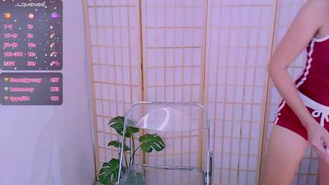 Media: Video of a woman in a red and white sports bra and shorts, standing in front of a Japanese-style folding screen. A potted monstera plant sits on a metal stool.