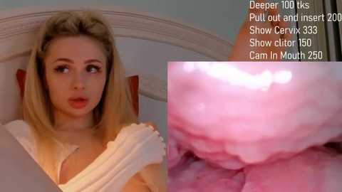 Media: Video of a blonde woman with fair skin, wearing a white blouse, looking worried. A close-up of pink, fleshy tissue with a deep incision is shown in the bottom right.