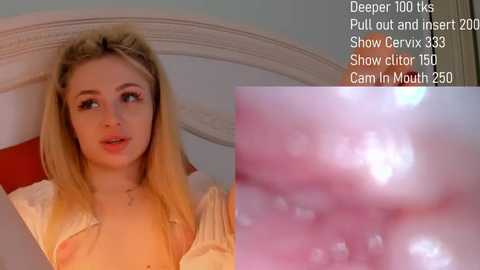 Media: Video of a young blonde woman with a light skin tone, wearing a light-colored top, sitting on a bed with a white headboard. The image includes a close-up of a pink, textured object resembling a vagina, and text detailing Deep Throat instructions.