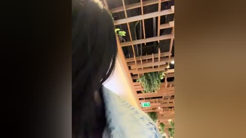 Media: Video of a crowded, modern indoor space with wooden lattice ceilings and hanging plants, featuring a blurred person in the foreground.